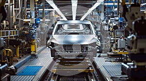 A vehicle stands on the production line within a factory, undergoing assembly with precision and care