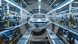 A vehicle stands on the production line within a factory, undergoing assembly with precision and care