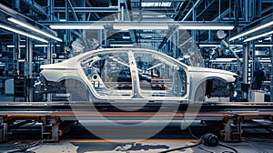 A vehicle stands on the production line within a factory, undergoing assembly with precision and care