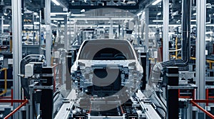 A vehicle stands on the production line within a factory, undergoing assembly with precision and care