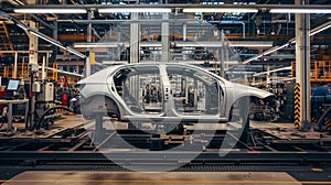 A vehicle stands on the production line within a factory, undergoing assembly with precision and care