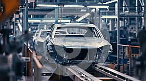 A vehicle stands on the production line within a factory, undergoing assembly with precision and care