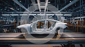 A vehicle stands on the production line within a factory, undergoing assembly with precision and care