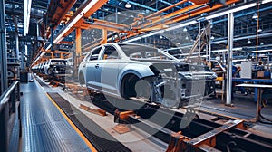 A vehicle stands on the production line within a factory, undergoing assembly with precision and care