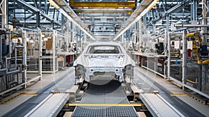 A vehicle stands on the production line within a factory, undergoing assembly with precision and care