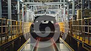 A vehicle stands on the production line within a factory, undergoing assembly with precision and care