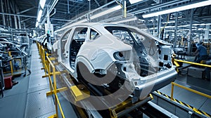 A vehicle stands on the production line within a factory, undergoing assembly with precision and care