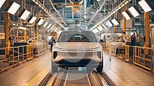 A vehicle stands on the production line within a factory, undergoing assembly with precision and care