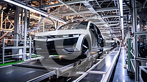 A vehicle stands on the production line within a factory, undergoing assembly with precision and care