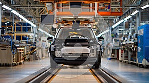 A vehicle stands on the production line within a factory, undergoing assembly with precision and care