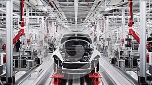 A vehicle stands on the production line within a factory, undergoing assembly with precision and care