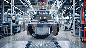 A vehicle stands on the production line within a factory, undergoing assembly with precision and care