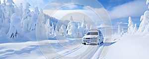 Vehicle stranded in heavy snow on remote mountain pass winter driving hazard. Concept Winter Driving, Snowstorm Rescue, Mountain