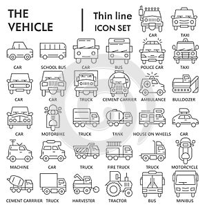 Vehicle thin line icon set, transportation symbols collection or sketches. Truck and car linear style signs for web and