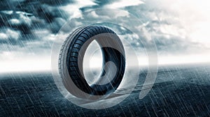 The vehicle tire's under the rain