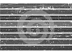 Vehicle tire tracks. Tread grunge track wheel trace trail dirty road speed skid auto scratch print texture collection