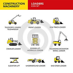 vehicle and transport construction machinery icons set