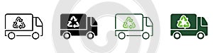 Vehicle Trash Car for Transportation Ecology Waste Line and Silhouette Icon Set. Garbage Truck with Recycle Sign. Truck