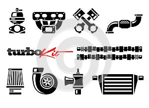 Vehicle turbo kit performance car parts icons set