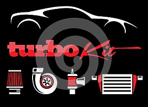 Vehicle turbo kit performance car parts icons set on black background