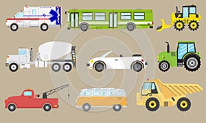 Vehicle vector set car icon isolated ambulance , bus , van , industrial autos