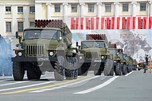 Vehicles BM-21-1 (Grad) in the column of military equipment. Saint Petersburg