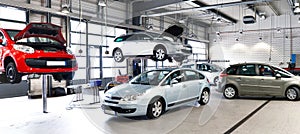 vehicles in a car repair shop for the repair with lifting platform