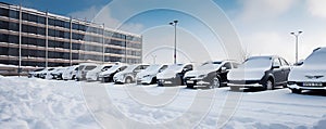 Vehicles covered with snow are parked near the office building