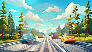 Vehicles driving on highway on sunny day, fir trees and blue sky background. Modern illustration of cars driving on