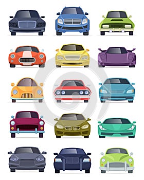 Vehicles front view. Transport automobiles taxi bus truck cartoon cars vector collection
