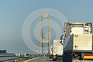 Vehicles on Great Belt Bridge fixed link crossing the Great Belt strait in Korsor, Denmark