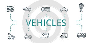 Vehicles icon set. Contains editable icons theme such as scooter, caravanning, bus and more.