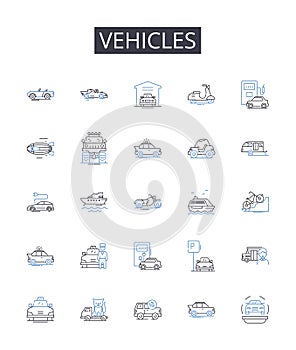 Vehicles line icons collection. Cars, Automobiles, Transportation, Modes, Conveyance, Ride-hailing, Ride-sharing vector