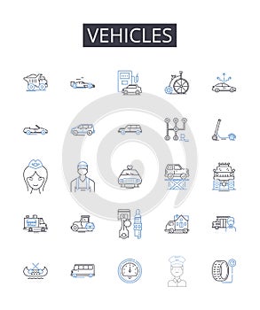 Vehicles line icons collection. Cars, Automobiles, Transportation, Modes, Conveyance, Ride-hailing, Ride-sharing vector