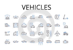 Vehicles line icons collection. Cars, Automobiles, Transportation, Modes, Conveyance, Ride-hailing, Ride-sharing vector