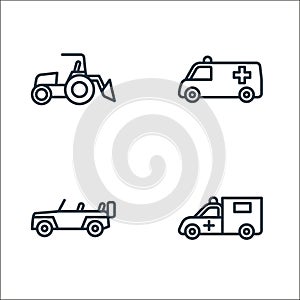 vehicles line icons. linear set. quality vector line set such as ambulance, jeep, ambulance