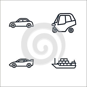 vehicles line icons. linear set. quality vector line set such as cargo ship, supercar, taxi