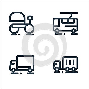 vehicles line icons. linear set. quality vector line set such as container truck, truck, electric bus