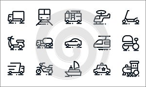 Vehicles line icons. linear set. quality vector line set such as train, boat, truck, police car, motorcycle, motorbike, electric