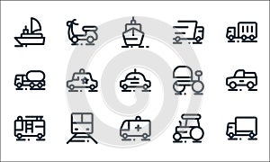 vehicles line icons. linear set. quality vector line set such as truck, ambulance, fire truck, heavy vehicle, train, oil truck,