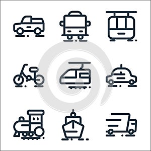 vehicles line icons. linear set. quality vector line set such as truck, ship, train, taxi, electric train, bicycle, cable car, bus