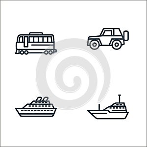 vehicles line icons. linear set. quality vector line set such as yacht, passenger ship, jeep