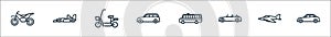 vehicles line icons. linear set. quality vector line set such as car, fighter jet, cabriolet, school bus, minivan, electric bike,