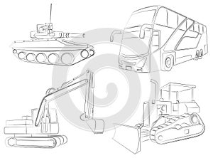 Vehicles outline cartoon coloring page for kids