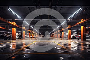 vehicles parked on big parking area with lights generative AI