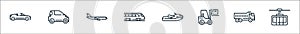 vehicles transportation line icons. linear set. quality vector line set such as cable car cabin, truck, forklift, jetski, train,