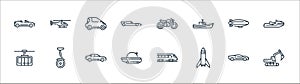 vehicles transportation line icons. linear set. quality vector line set such as excavator, rocket, submarine, cable car cabin,