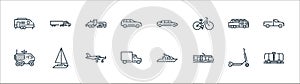 vehicles transportation line icons. linear set. quality vector line set such as oil truck, tram, van, moon rover, firetruck,