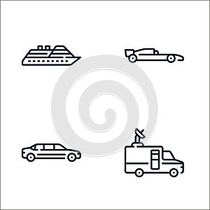 vehicles transportation line icons. linear set. quality vector line set such as reporter, limousine, racing car