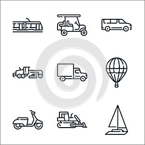 vehicles transportation line icons. linear set. quality vector line set such as sail boat, bulldozer, moped, hot air balloon, van